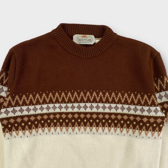 VINTAGE Fruit of the Loom Sweater Mens Extra Large Brown Fair Isle Pullover 60s - Picture 3 of 9